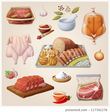 Set of meat ingredients for Texas bbq medley illustration. Cartoon vector food icons for barbecue cooking collection 117302276