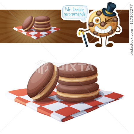 Chocolate peanut butter shortbread sandwiches illustration. Cartoon vector food icon isolated on white background. Funny cookie character 117302277