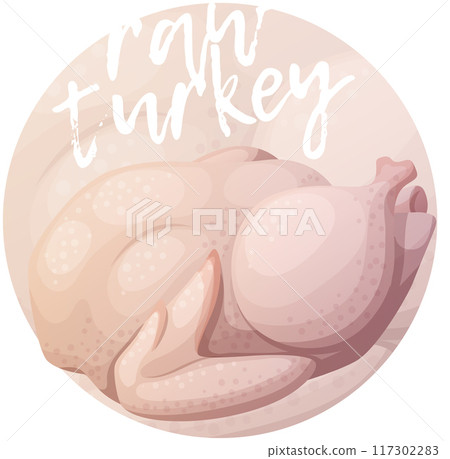 Raw turkey in cartoon style. Poultry vector cartoon illustration. Cartoon vector icon on pink beige gradient background Raw turkey in cartoon style. Poultry vector cartoon illustration. Cartoon vector icon on pink beige gradient background 117302283