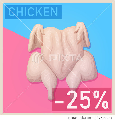 Raw spatchcocked chicken illustration. Cartoon vector design graphic for supermarket promo 117302284