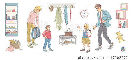 parents father and mother are seeing their children, a boy and a girl, off to primary school parents father and mother are seeing their children, a boy and a girl, off to primary school 117302372