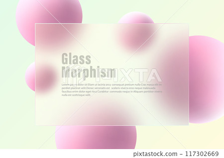 Glass morphism effect. Transparent glass banner with pink spheres. 117302669