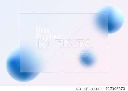 Website landing page template, glass morphism. Frosted glass partition with floating blue spheres. 117302670