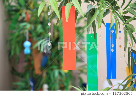 Tanabata decorated bamboo and strip Tanabata decorated bamboo and strip 117302805