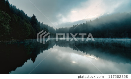 Tranquil morning view of Savsat Karagol Black Lake in Artvin, Turkey, with steam rising from the serene forested waters. Savsat Karagol lake is a large trout lake in the forest in Artvin, Turkey 117302868