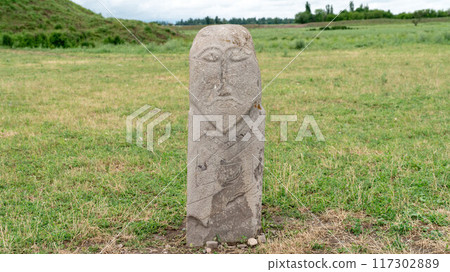 Stone sculptures near the Old Burana Tower in Kyrgyzstan, depicting historical figures, reflecting the country's rich cultural heritage. Stone sculptures near the Old Burana Tower in Kyrgyzstan, depicting historical figures, reflecting the country's rich cultural heritage. 117302889
