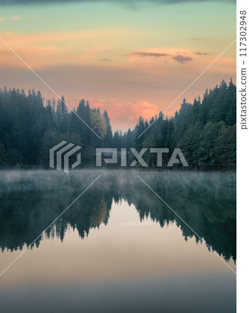 Tranquil morning view of Savsat Karagol Black Lake in Artvin, Turkey, with steam rising from the serene forested waters. Savsat Karagol lake is a large trout lake in the forest in Artvin, Turkey 117302948
