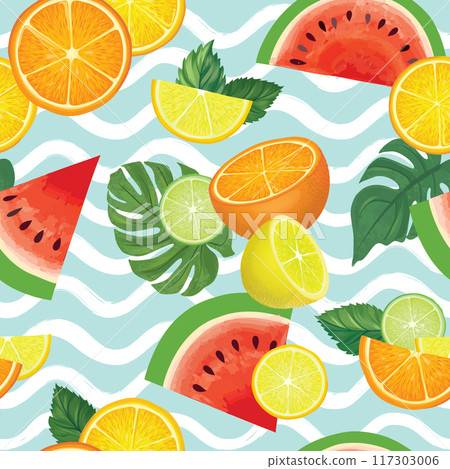 Fresh fruits summer seamles pattern. Fresh orange, lemon, citron, watermelon, lime sliced pieces ovwer water waves sea pattern. Vector colorful food drawing background with fruits. 117303006