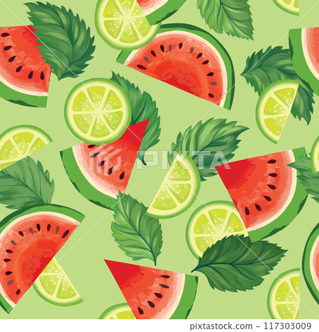 Fruits summer seamless pattern. Fresh watermelon, lime, mint sliced pieces. Vector colorful background with fruits. 117303009