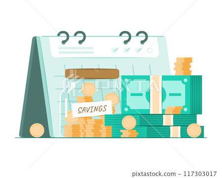 Stack of Cash Money, Savings Pot and Calendar for Savings and Financial Discipline Concept Illustration Stack of Cash Money, Savings Pot and Calendar for Savings and Financial Discipline Concept Illustration 117303017