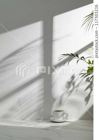 A sunny room with windows. Background with multiple objects and shadows for different designs. 117303216