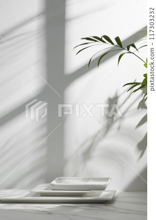 A sunny room with windows. Background with multiple objects and shadows for different designs. 117303232