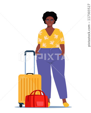 African American black woman stands beside luggage, ready for travel or commute. Suitcase and travel bag. Concept of adventure, journey, relocation. Vector Illustration. 117303527