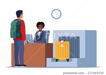 Passenger at international airport check in desk counter gate with weighting luggage belt, security check point, metal detector, x-ray scanner. Passenger and baggage check-in. Vector illustration. 117303530