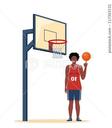 Happy black woman basketball player in uniform with ball on the basketball court. Vector illustration. 117303532