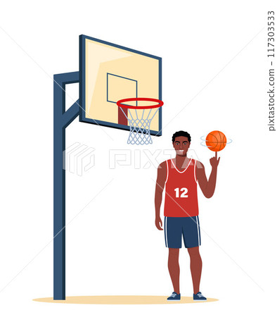 Happy black man basketball player in uniform with ball on the basketball court. Vector illustration. Happy black man basketball player in uniform with ball on the basketball court. Vector illustration. 117303533