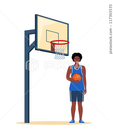 Happy black woman basketball player in uniform with ball on the basketball court. Vector illustration. Happy black woman basketball player in uniform with ball on the basketball court. Vector illustration. 117303535