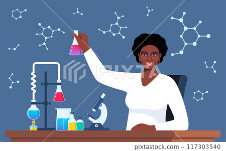 Scientist in chemistry laboratory working on research and exploration. Flasks, vials, test tubes with substance. Lab research, testing, studies in chemistry. Vector illustration. Scientist in chemistry laboratory working on research and exploration. Flasks, vials, test tubes with substance. Lab research, testing, studies in chemistry. Vector illustration. 117303540