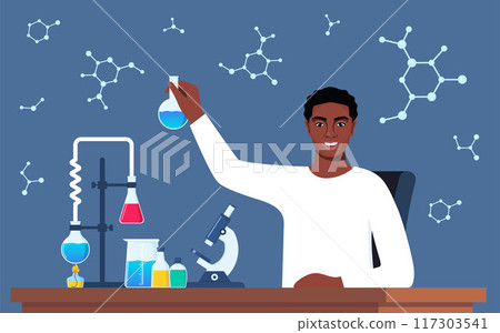 Scientist in chemistry laboratory working on research and exploration. Flasks, vials, test tubes with substance. Lab research, testing, studies in chemistry. Vector illustration. 117303541