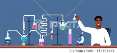 Scientist in chemistry laboratory working on research and exploration. Flasks, vials, test tubes with substance. Lab research, testing, studies in chemistry. Vector illustration. 117303545