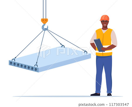 Slab hanged on crane hook by rope slings. Black man engineer looking for process of slab transportation and loading. Construction worker wearing protective helmet and clothes. Vector illustration. 117303547