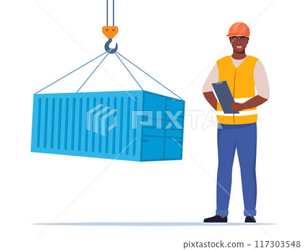 Loading freight container by crane. Black Man engineer. Construction Worker in uniform and orange protective helmet, holding clipboard with checklist. Head of construction works. Vector illustration. 117303548