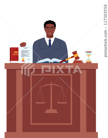 Judge with hammer. African American Man in black robe with gavel. Jurisprudence, justice and law. Legal and sentencing. Judgement concept. Vector illustration. Judge with hammer. African American Man in black robe with gavel. Jurisprudence, justice and law. Legal and sentencing. Judgement concept. Vector illustration. 117303558