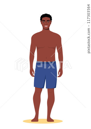 Black man dressed in swimsuit standing on the beach. Summer vacations. Beautiful man in shorts. Vector illustration. Black man dressed in swimsuit standing on the beach. Summer vacations. Beautiful man in shorts. Vector illustration. 117303564
