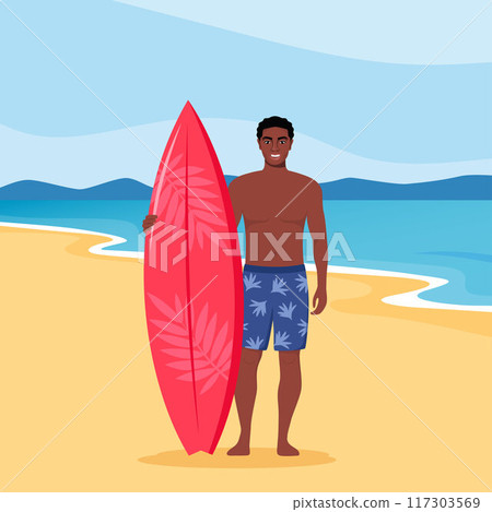 Young black man surfer with surfboard standing on the beach. Smiling surfer guy. Vector illustration. 117303569