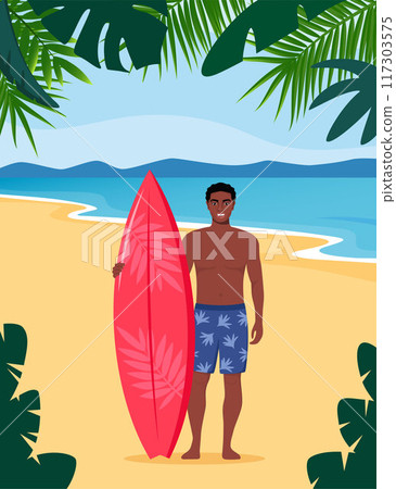 Young black man surfer with surfboard standing on the beach. Smiling surfer guy. Vector illustration. Young black man surfer with surfboard standing on the beach. Smiling surfer guy. Vector illustration. 117303575