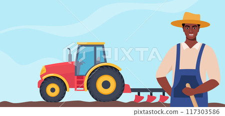Tractor plowing the field and Black farmer stands in the foreground. Rural farm landscape. Agriculture concept. Farm Machine. Vector illustration. 117303586
