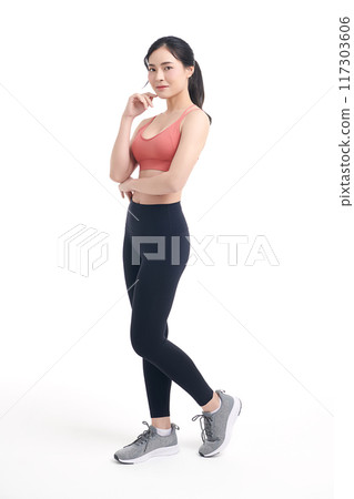 Beautiful young asian sport woman with sportswear ready for exercise on white background, Advertising sportswear and yoga wear, Healthy lifestyle, sport. 117303606
