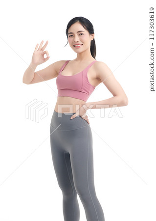 Beautiful young asian sport woman with sportswear ready for exercise on white background, Advertising sportswear and yoga wear, Healthy lifestyle, sport. 117303619