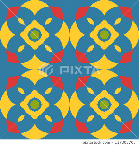 Vector seamless geometric ornamental pattern. Tile mosaic vibrant texture Decorative bright colorful background. Vector repeatable symmetry print 117303705