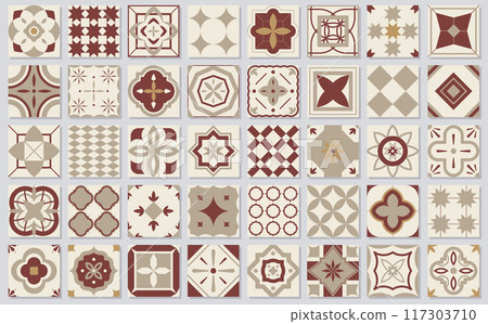 Collection of seamless geometric mosaic patterns - trendy tile textures. Decorative ornamental color antique backgrounds. Vector repeatable tileable prints Collection of seamless geometric mosaic patterns - trendy tile textures. Decorative ornamental color antique backgrounds. Vector repeatable tileable prints 117303710