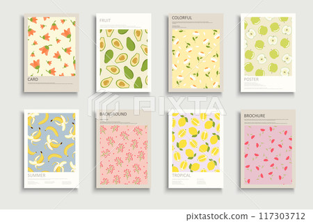 Collection of delicate floral and fruit covers, templates, placards, brochures, banners, flyers and etc. Color summer backgrounds, postcards, posters, invitation. Drawing tropical botanic cards 117303712