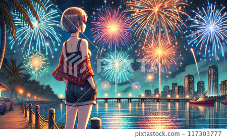 Girl watching fireworks 117303777