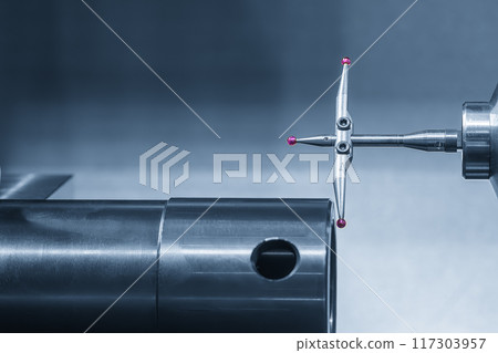 Close up scene the modular touch probe checking the tube parts on CNC lathe machine. 117303957