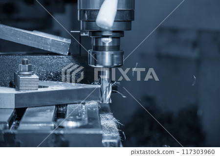 The side milling process on NC milling machine by flat nose end mill tool in the light blue scene. The side milling process on NC milling machine by flat nose end mill tool in the light blue scene. 117303960