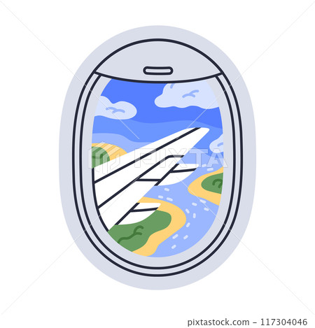 Aircraft porthole. Flying airplane window view with sky and landscape, clouds, hills and ocean plane window view flat vector illustration. Plane travel skyscape 117304046