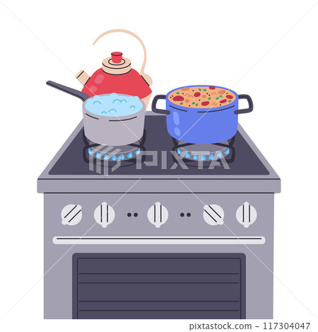 Boiling dishes. Food cooking on gas stove burners, pasta and hot soup preparing flat vector illustration. Home food cook on gas stove Boiling dishes. Food cooking on gas stove burners, pasta and hot soup preparing flat vector illustration. Home food cook on gas stove 117304047