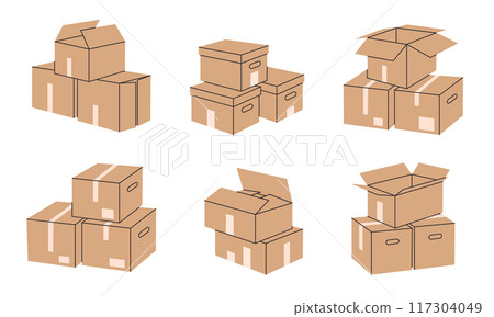 Cardboard boxes piles. Carton delivery or moving containers, moving cargo boxes flat vector illustration set. Hand drawn boxes piles on white 117304049