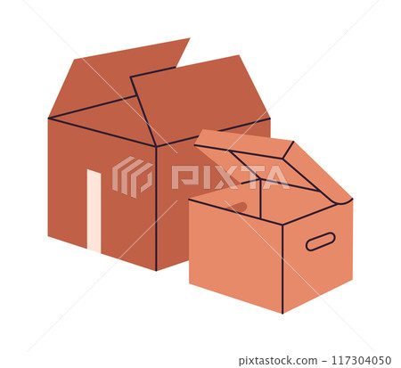 Cardboard boxes. Moving cargo boxes, carton delivery or moving containers flat vector illustration. Hand drawn open boxes on white 117304050