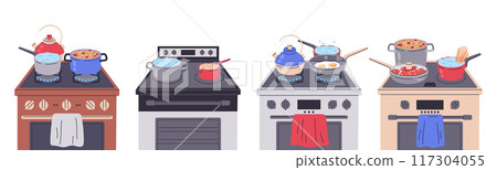 Cooking on stove burners. Food preparing, boiling pasta, hot soup and fried eggs on gas and electric cookers flat vector illustration set. Home food cooking on stoves Cooking on stove burners. Food preparing, boiling pasta, hot soup and fried eggs on gas and electric cookers flat vector illustration set. Home food cooking on stoves 117304055