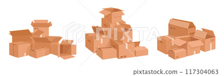 Hand drawn cardboard boxes. Stacked boxes piles, cargo warehouse box stack, delivery or moving containers flat vector illustration set. Cartoon boxes collection 117304063
