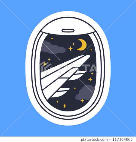 Plane porthole view. Aircraft night sky view, flying airplane window view with moon and stars flat vector illustration. Airplane window view Plane porthole view. Aircraft night sky view, flying airplane window view with moon and stars flat vector illustration. Airplane window view 117304065