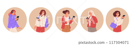 Women holding smartphones. Girls chatting or surfing internet, female characters texting or watching video content flat vector illustration set. Ladies using smartphones 117304071