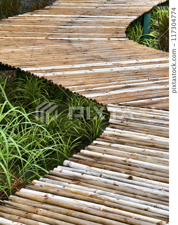 A wooden walkway in a park surrounded by trees and grass near a watercourse 117304774