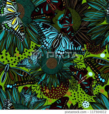 Beautiful green and blue graphic floral seamless abstraction with butterflies and flowers. Not AI. Vector illustration Beautiful green and blue graphic floral seamless abstraction with butterflies and flowers. Not AI. Vector illustration 117304812