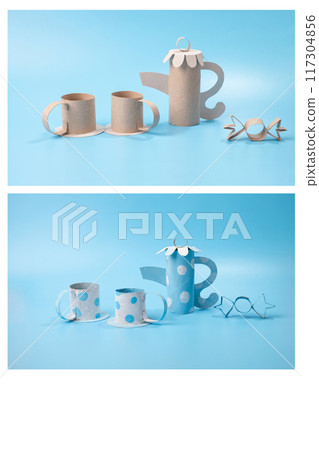 a couple of rolls of toilet paper craft sitting on top of a table, a still life, teapot, cut out of cardboard, 117304856